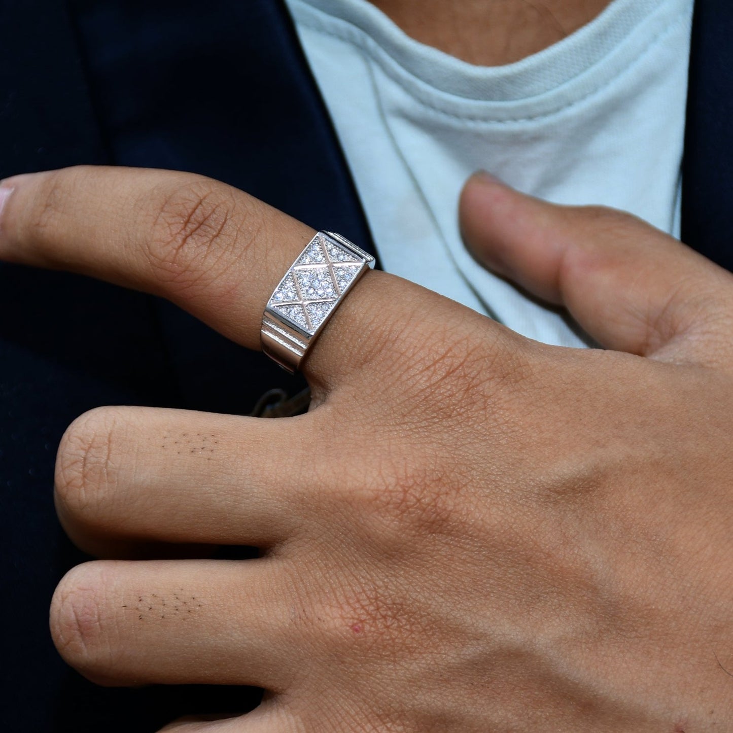 RECTANGULAR STUDDED MEN'S RING