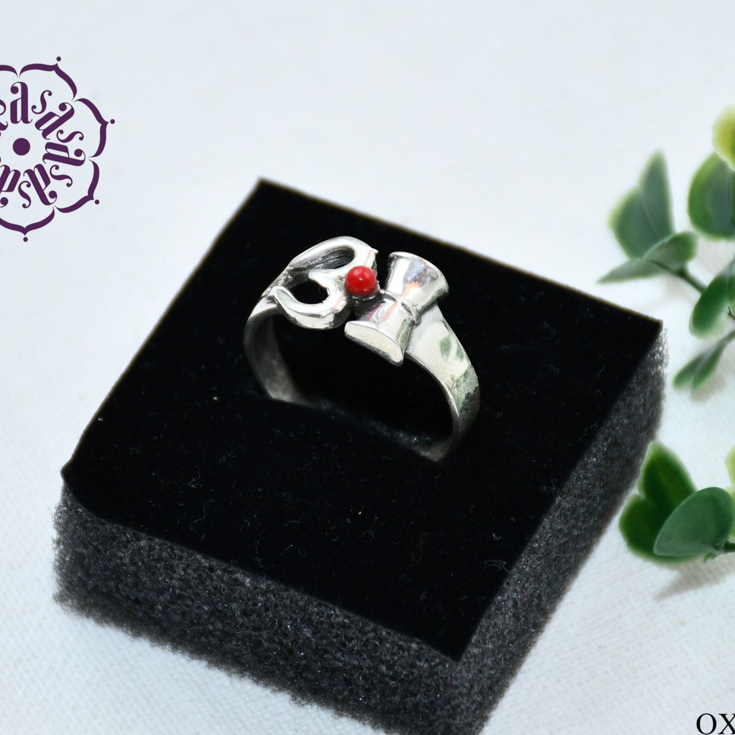 POWERFUL OM RING WITH RED BEAD
